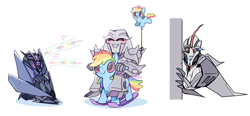 Size: 1504x700 | Tagged: safe, artist:yrxcl, rainbow dash, pegasus, pony, g4, balloon, megatron, rocking horse, singing, soundwave, starscream, text, transformers, transformers prime