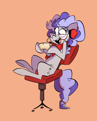 Size: 2956x3694 | Tagged: safe, artist:fluttershythekind, oc, oc only, oc:cinnabyte, adorkable, chair, cinnabetes, commission, controller, cute, dork, excited, gaming chair, gaming headset, glasses, happy, headphones, headset, high res, office chair, open mouth, simple background, sitting, smiling