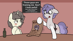 Size: 2284x1285 | Tagged: safe, artist:triplesevens, oc, oc only, oc:short fuse, oc:triple sevens, pony, unicorn, beer bottle, bottle, dialogue, face paint, gun, handgun, holster, indoors, male, revolver, speech bubble, stallion, table, wanted poster, weapon