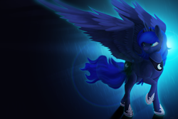 Size: 3000x2000 | Tagged: safe, artist:itssim, princess luna, alicorn, pony, g4, backlighting, cheek fluff, dark background, female, high res, lens flare, light, mare, raised hoof, solo, spread wings, standing, turned head, wallpaper, wings
