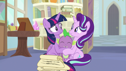 Size: 1920x1080 | Tagged: safe, screencap, spike, starlight glimmer, twilight sparkle, alicorn, dragon, pony, unicorn, a horse shoe-in, g4, book, bookshelf, cute, eyes closed, female, glimmerbetes, group hug, hug, mare, philodendron, potted plant, scroll, spikabetes, spikelove, starlight's office, twiabetes, twilight sparkle (alicorn), winged spike, wings
