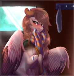 Size: 1280x1329 | Tagged: safe, artist:queendarkselis, oc, oc only, oc:yasy, pegasus, pony, blushing, clothes, female, freckles, mare, mouth hold, scarf, solo