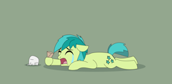 Size: 4404x2147 | Tagged: safe, artist:gd_inuk, sandbar, earth pony, pony, g4, crying, dropped ice cream, eyes closed, food, green background, high res, ice cream, ice cream cone, lying down, male, sad, simple background, story included