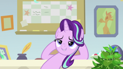 Size: 1920x1080 | Tagged: safe, screencap, phyllis, starlight glimmer, pony, unicorn, a horse shoe-in, g4, female, inkwell, mare, philodendron, potted plant, quill, starlight's office