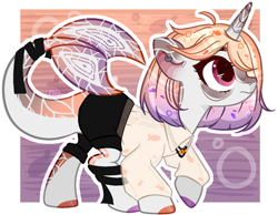 Size: 1482x1150 | Tagged: safe, artist:angry pumpkin, artist:sujino, oc, oc only, unnamed oc, original species, shark, shark pony, bags under eyes, belt, body markings, clothes, collar, colored hooves, ear piercing, earring, female, horn, jewelry, multicolored mane, necklace, piercing, raised hoof, shark tail, shirt, shorts, solo, tail wrap