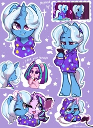 Size: 1280x1760 | Tagged: safe, artist:oofycolorful, aria blaze, starlight glimmer, trixie, pony, unicorn, semi-anthro, alternate hairstyle, babysitter trixie, cellphone, clothes, controller, cute, diatrixes, equestria girls ponified, gameloft, gameloft interpretation, heart, hoodie, hug, joystick, magic, oversized clothes, oversized shirt, phone, pigtails, ponified, purple background, shirt, simple background, stars, telekinesis, twintails