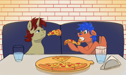 Size: 2350x1400 | Tagged: safe, artist:shanyata, oc, oc only, oc:griffin, pegasus, pony, unicorn, food, male, meat, pepperoni, pepperoni pizza, pizza