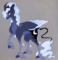 Size: 1744x1784 | Tagged: safe, artist:nightshade2004, princess luna, alicorn, pony, g4, alternate design, blaze (coat marking), cheek fluff, claws, cloven hooves, coat markings, colored wings, colored wingtips, curved horn, ear fluff, facial markings, fangs, female, folded wings, gradient legs, gray background, horn, leonine tail, long feather, long fetlocks, mare, pale belly, raised hoof, simple background, slit pupils, solo, tail, tail feathers, unshorn fetlocks, white-haired luna, wing claws, wings