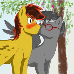 Size: 1920x1920 | Tagged: dead source, safe, artist:shanyata, oc, oc only, oc:ace swift, oc:zenfox, pegasus, pony, blushing, gay, glasses, indexed png, kissing, male, simple background, tree