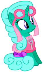 Size: 612x984 | Tagged: safe, alternate version, artist:徐詩珮, glitter drops, pony, unicorn, series:sprglitemplight diary, series:sprglitemplight life jacket days, series:springshadowdrops diary, series:springshadowdrops life jacket days, g4, alternate universe, backpack, base used, clothes, cute, dress, eyelashes, female, goggles, mare, paw patrol, simple background, sitting, skye (paw patrol), smiling, solo, transparent background