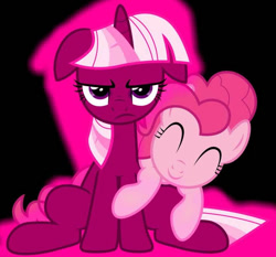 Size: 732x681 | Tagged: safe, artist:estories, color edit, edit, pinkie pie, oc, oc:silverlay, earth pony, pony, unicorn, g4, colored, eyes closed, recolor, smiling, unamused