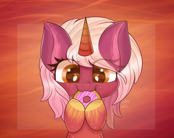 Size: 4626x3680 | Tagged: safe, artist:janelearts, oc, oc only, pony, unicorn, absurd resolution, chibi, commission, cute, donut, female, filly, food, solo, weapons-grade cute