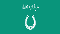 Size: 1920x1080 | Tagged: safe, arabic, banner, flag, horseshoes, parody, saddle arabia, simple background, text