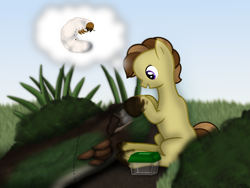 Size: 1800x1350 | Tagged: safe, artist:99999999000, oc, oc only, oc:zhang cathy, ant, earth pony, insect, pony, container, female, filly, grass, moss, mushroom, shovel, solo, wood, younger