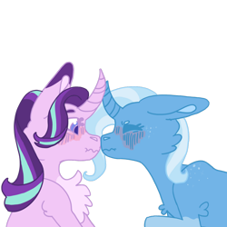 Size: 1280x1280 | Tagged: safe, artist:robinblood, starlight glimmer, trixie, pony, unicorn, g4, blushing, boop, chest fluff, curved horn, female, horn, lesbian, mare, noseboop, profile, scrunchy face, ship:startrix, shipping, simple background, transparent background