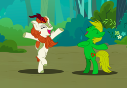 Size: 2934x2043 | Tagged: safe, artist:optimusv42, autumn blaze, oc, oc:jungle heart, earth pony, gorilla, kirin, pony, g4, bipedal, chest beating, chest pounding, forest, forest background, friendship troopers, high res, jungle heart, jungle pony, my little pony friendship troopers, singing, tarzan