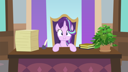 Size: 1024x576 | Tagged: safe, artist:agrol, phyllis, starlight glimmer, pony, unicorn, headmare of the school, g4, book, eating, looking at you, mouth hold, plant