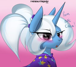 Size: 2245x1967 | Tagged: safe, artist:therealf1rebird, gameloft, trixie, pony, unicorn, g4, alternate hairstyle, babysitter trixie, blatant lies, blushing, bust, cloak, clothes, cute, diatrixes, ears, eye, eyes, female, gameloft interpretation, horn, i'm not cute, mane, mouth, pigtails, portrait, solo, stars, tsundere, tsunderixie