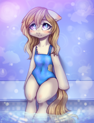 Size: 2000x2600 | Tagged: safe, artist:zefirka, oc, oc only, oc:creamy, earth pony, semi-anthro, arm hooves, blushing, breasts, clothes, commission, ear blush, female, high res, mare, one-piece swimsuit, solo, swimming pool, swimsuit, water, ych result