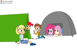 Size: 6000x3768 | Tagged: safe, artist:eagc7, fluttershy, pinkie pie, equestria girls, g4, annika, camping, commission, equestria girls-ified, female, ko-fi, male, patreon, pippi longstocking, simple background, tent, tommy, transparent background