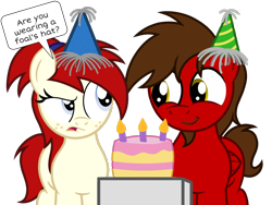 Size: 1600x1200 | Tagged: safe, artist:toyminator900, oc, oc only, oc:chip, oc:silver draw, pegasus, pony, unicorn, an-tonio's birthday, birthday, birthday cake, birthday gift, cake, candle, duo, facial hair, female, food, freckles, hat, male, mare, party hat, show accurate, simple background, smiling, speech bubble, stallion, transparent background
