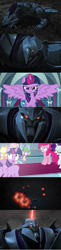 Size: 1280x5272 | Tagged: safe, edit, edited screencap, screencap, applejack, fluttershy, pinkie pie, rarity, spike, twilight sparkle, alicorn, dragon, pony, g4, the ending of the end, clash of hasbro's titans, comparison, dreadwing, megatron, transformers, transformers prime, twilight sparkle (alicorn), vehicon, winged spike, wings
