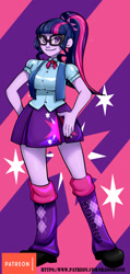 Size: 570x1200 | Tagged: safe, alternate version, artist:srasomeone, sci-twi, twilight sparkle, equestria girls, g4, backpack, clothes, cute, cutie mark, cutie mark on clothes, female, glasses, pleated skirt, skirt, smiling, solo, twiabetes