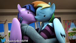 Size: 2880x1620 | Tagged: safe, artist:shadowboltsfm, rainbow dash, twilight sparkle, alicorn, pegasus, anthro, plantigrade anthro, g4, 3d, clothes, cute, daaaaaaaaaaaw, eyelashes, eyes closed, female, high res, hug, kissing, lesbian, nail polish, passionate, ship:twidash, shipping, source filmmaker, sweater, twilight sparkle (alicorn)