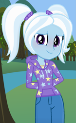 Size: 809x1294 | Tagged: safe, artist:grapefruitface1, artist:limedreaming, trixie, equestria girls, alternate hairstyle, arm behind back, babysitter trixie, blushing, clothes, cute, daaaaaaaaaaaw, diatrixes, female, gameloft, gameloft interpretation, hoodie, looking at you, outdoors, pigtails, show accurate, smiling, solo, twintails