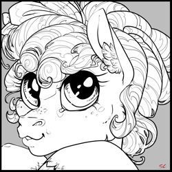 Size: 1772x1772 | Tagged: safe, artist:sourcherry, cozy glow, pegasus, pony, g4, cozybetes, curly hair, curly mane, cute, freckles, monochrome, smiling, smiling at you