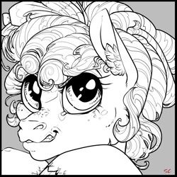 Size: 1772x1772 | Tagged: safe, artist:sourcherry, cozy glow, pegasus, pony, g4, cozybetes, curly hair, curly mane, cute, evil grin, female, grin, monochrome, smiling, snarling, solo