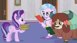Size: 800x450 | Tagged: safe, artist:agrol, ocellus, silverstream, starlight glimmer, yona, changedling, changeling, hippogriff, pony, unicorn, yak, headmare of the school, g4, animated, book, bookbug, caught, confused, disguise, disguised changeling, eyes closed, gif, glare, mistakes were made, nervous smile, nodding, school of friendship, shapeshifting, starlight glimmer is not amused, sweet dreams fuel, this will end in detention, this will end in gulag, unamused