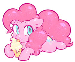 Size: 988x818 | Tagged: safe, artist:nancybigots, pinkie pie, earth pony, pony, g4, cute, diapinkes, female, food, ice cream, licking, mare, prone, simple background, solo, tongue out, white background