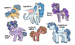 Size: 3000x1800 | Tagged: safe, artist:dreamscapevalley, oc, oc:apple zap, oc:aquaria, oc:graffiti, oc:rocky road, oc:ruthie apple, oc:starstruck luxury, dracony, earth pony, hybrid, pegasus, pony, unicorn, colt, female, filly, freckles, goggles, horns, interspecies offspring, magical lesbian spawn, male, mare, offspring, parent:apple bloom, parent:applejack, parent:biscuit, parent:prince blueblood, parent:rainbow dash, parent:rarity, parent:rumble, parent:scootaloo, parent:snips, parent:spike, parent:trixie, parent:twist, parents:applebiscuit, parents:appledash, parents:bluetrix, parents:rumbloo, parents:snipstwist, parents:sparity, simple background, stallion, unshorn fetlocks, watermark, white background