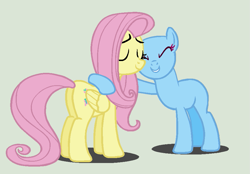 Size: 909x633 | Tagged: safe, artist:tech-kitten, fluttershy, oc, earth pony, pegasus, pony, g4, bald, base, butt, duo, earth pony oc, eyes closed, female, mare, plot, side hug, simple background, smiling