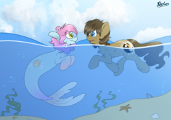 Size: 5000x3500 | Tagged: safe, artist:fluffyxai, oc, oc:lillea, oc:spirit wind, earth pony, pony, sea pony, seapony (g4), beach, bubble, chest fluff, female, looking at each other, looking at someone, looking at you, male, mare, mermay, ocean, open mouth, sky, smiling, stallion, swimming, underwater, water