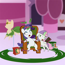 Size: 600x600 | Tagged: safe, artist:gor1ck, rarity, sweetie belle, pony, unicorn, g4, belle sisters, bound, bow, clothes, dress, duo, female, filly, green, hair dye, horn, horn bow, lipstick, makeup brush, mare, mascara, paint, paintbrush, pointy legs, ponyquin, ribbon, siblings, sisters, sitting, terrified, tied up, torture