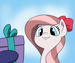 Size: 1240x1040 | Tagged: safe, artist:doublewbrothers, oc, oc only, oc:aurelleah, oc:aurry, pegasus, pony, :3, bow, clothes, cropped, cute, female, hair bow, holiday, mare, ocbetes, present, simple background, solo