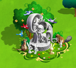 Size: 323x292 | Tagged: safe, gameloft, fluttershy, beaver, bird, ferret, pegasus, pony, rabbit, g4, animal, female, filly, filly fluttershy, statue, tree, young, younger