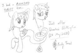 Size: 1490x1032 | Tagged: safe, artist:parclytaxel, oc, oc only, oc:nova spark, oc:parcly taxel, alicorn, genie, genie pony, pony, unicorn, albumin flask, project seaponycon, series:nightliner, :p, alicorn oc, bottle, cute, cute little fangs, fangs, female, geniefied, glasses, horn, lineart, magic, mare, monochrome, monthly reward, nervous grin, patreon, patreon reward, pencil drawing, tongue out, traditional art, wings