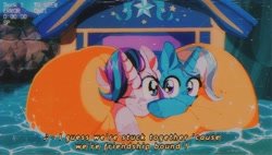 Size: 1200x682 | Tagged: safe, artist:poneko-chan, starlight glimmer, trixie, pony, unicorn, g4, road to friendship, '90s, blushing, cheek squish, cheek to cheek, cute, diatrixes, duo, eye contact, female, friendshipping, ghastly gorge, glimmerbetes, i guess we're stuck together, inflatable, inflatable raft, looking at each other, mare, one eye closed, prone, raft, scene interpretation, shipping fuel, snuggling, squished, squishy cheeks, trixie's wagon, we're friendship bound
