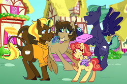 Size: 2048x1371 | Tagged: safe, artist:cubbybatdoodles, artist:vector-brony, dinky hooves, oc, oc:brown butter, oc:hopscotch, oc:whimsical note, oc:wind biter, earth pony, pegasus, pony, unicorn, g4, baby, baby pony, brother and sister, brothers, clothes, cute, dinkabetes, donut, eating, female, filly, flying, food, hoof hold, horn, leonine tail, levitation, magic, male, mare, mouth hold, ocbetes, offspring, onesie, parent:derpy hooves, parent:ditzy doo, parent:doctor whooves, parent:ponet, parent:time turner, parents:doctorderpy, parents:ponetderp, shirt, short mane, short tail, siblings, sisters, stallion, sweater, teething ring, telekinesis, wall of tags, wings