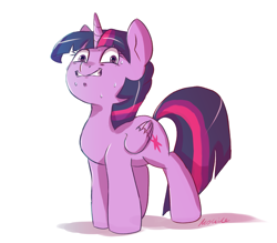 Size: 1795x1569 | Tagged: safe, artist:buttersprinkle, twilight sparkle, alicorn, pony, g4, female, folded wings, grin, mare, nervous, nervous smile, simple background, smiling, solo, sweat, twilight sparkle (alicorn), white background, wings