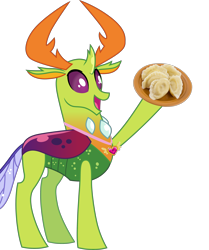 Size: 3000x3585 | Tagged: safe, artist:cloudy glow, edit, editor:damiranc1, vector edit, thorax, changedling, changeling, g4, antlers, cute, food, high res, jewelry, king thorax, male, meme, necklace, pierogi, plate, raised hoof, simple background, solo, thorabetes, transparent background, vector