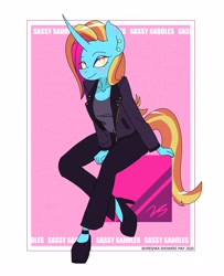 Size: 3334x4096 | Tagged: safe, artist:vreshkashowers, sassy saddles, unicorn, anthro, g4, female, high heels, high res, pink background, shoes, simple background, solo