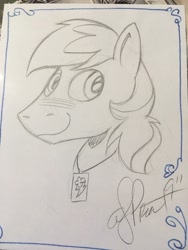Size: 3024x4032 | Tagged: safe, artist:andypriceart, oc, oc only, oc:shade flash, pegasus, pony, dog tags, male, monochrome, sketch, solo, stallion, traditional art