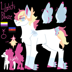 Size: 1000x1000 | Tagged: safe, artist:lepiswerid, oc, oc only, oc:lights blaze, pegasus, pony, black background, colored hooves, cutie mark, feathered fetlocks, genderless, height difference, marsverse, nonbinary pride flag, offspring, parent:rainbow dash, parent:soarin', parents:soarindash, polyamory, polyamory pride flag, pride, pride flag, redesign, reference sheet, simple background, solo, story included, tail feathers, winged hooves