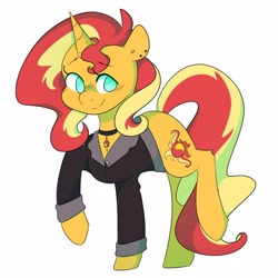 Size: 4096x4096 | Tagged: safe, alternate version, artist:hellscrossing, artist:hellscrossings, sunset shimmer, pony, unicorn, g4, absurd resolution, clothes, cute, ear piercing, female, jacket, leg fluff, mare, no pupils, piercing, shimmerbetes, simple background, solo, white background