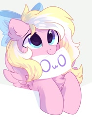 Size: 1500x2000 | Tagged: safe, artist:mirtash, oc, oc only, oc:bay breeze, pegasus, pony, bow, chest fluff, commission, cute, ear fluff, female, hair bow, looking up, mare, mouth hold, ocbetes, owo, simple background, ych result