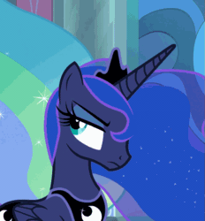 Size: 739x796 | Tagged: safe, screencap, princess luna, alicorn, pony, g4, sparkle's seven, angry, animated, cropped, cute, female, flowing mane, gif, luna is not amused, lunabetes, madorable, mare, offscreen character, pouting, raised eyebrow, solo focus, throne room, unamused